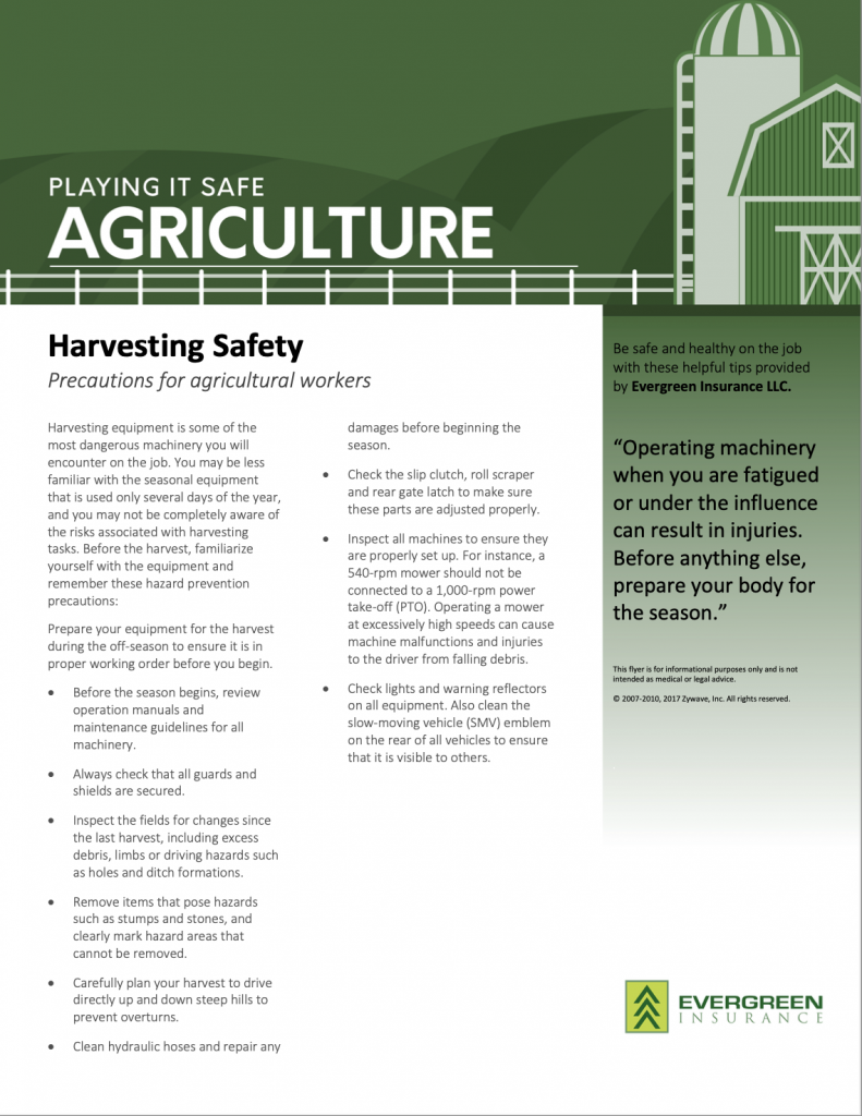 Image of PDF with Harvesting Safety tips