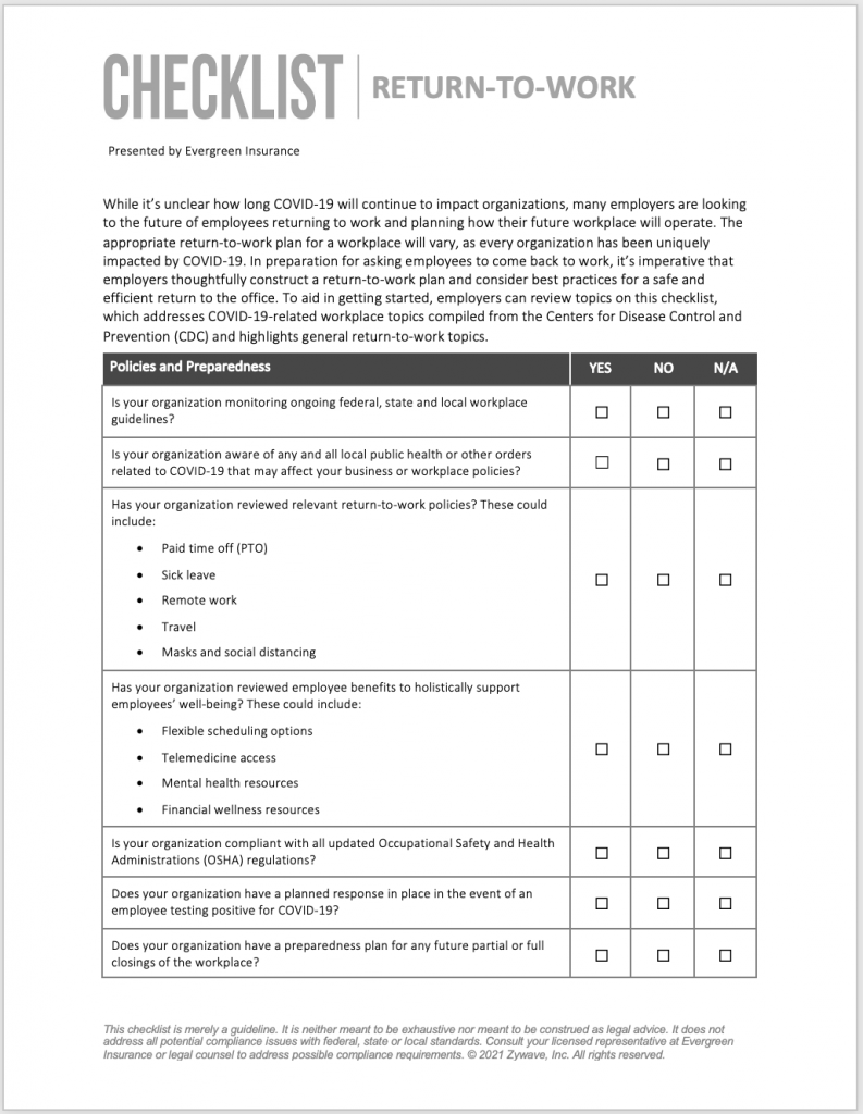 Checklist: Return to Work Return to Office Checklist
